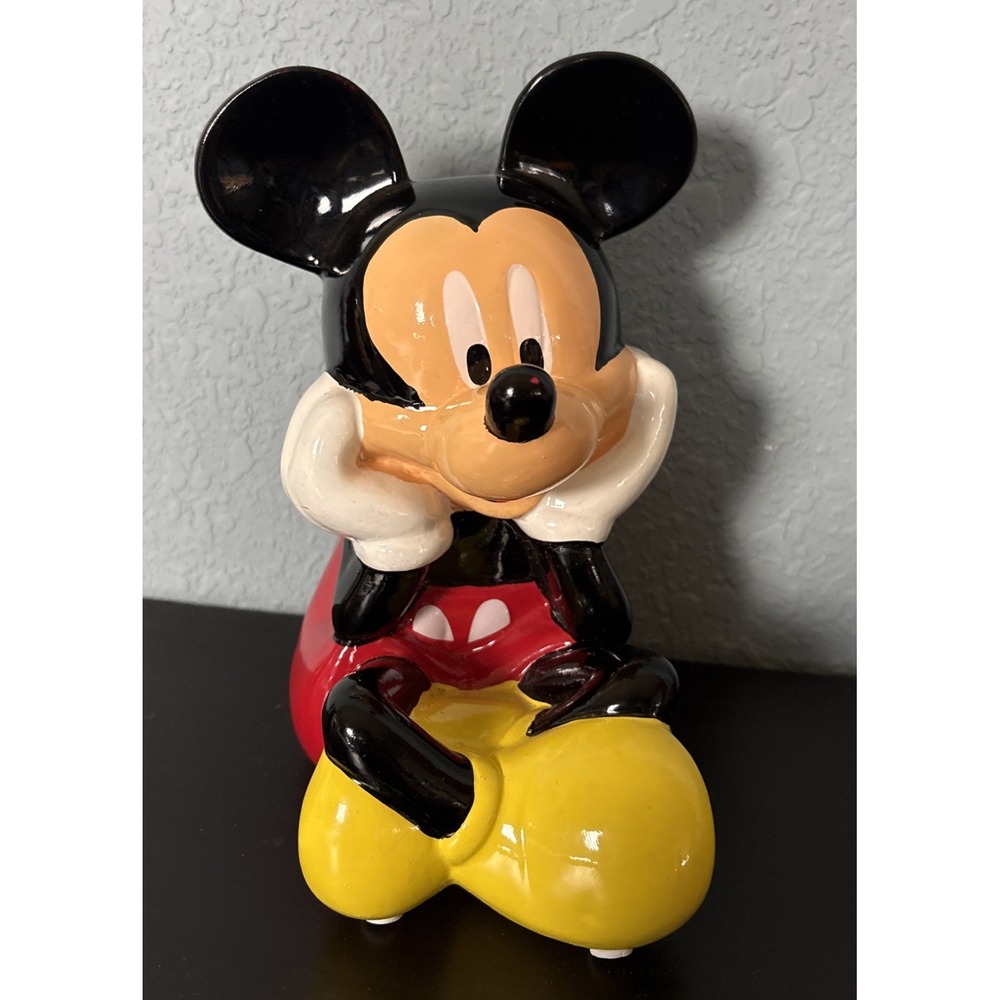 Disney Mickey Mouse Ceramic Piggy Bank 7.5" Hands on Face Sittin